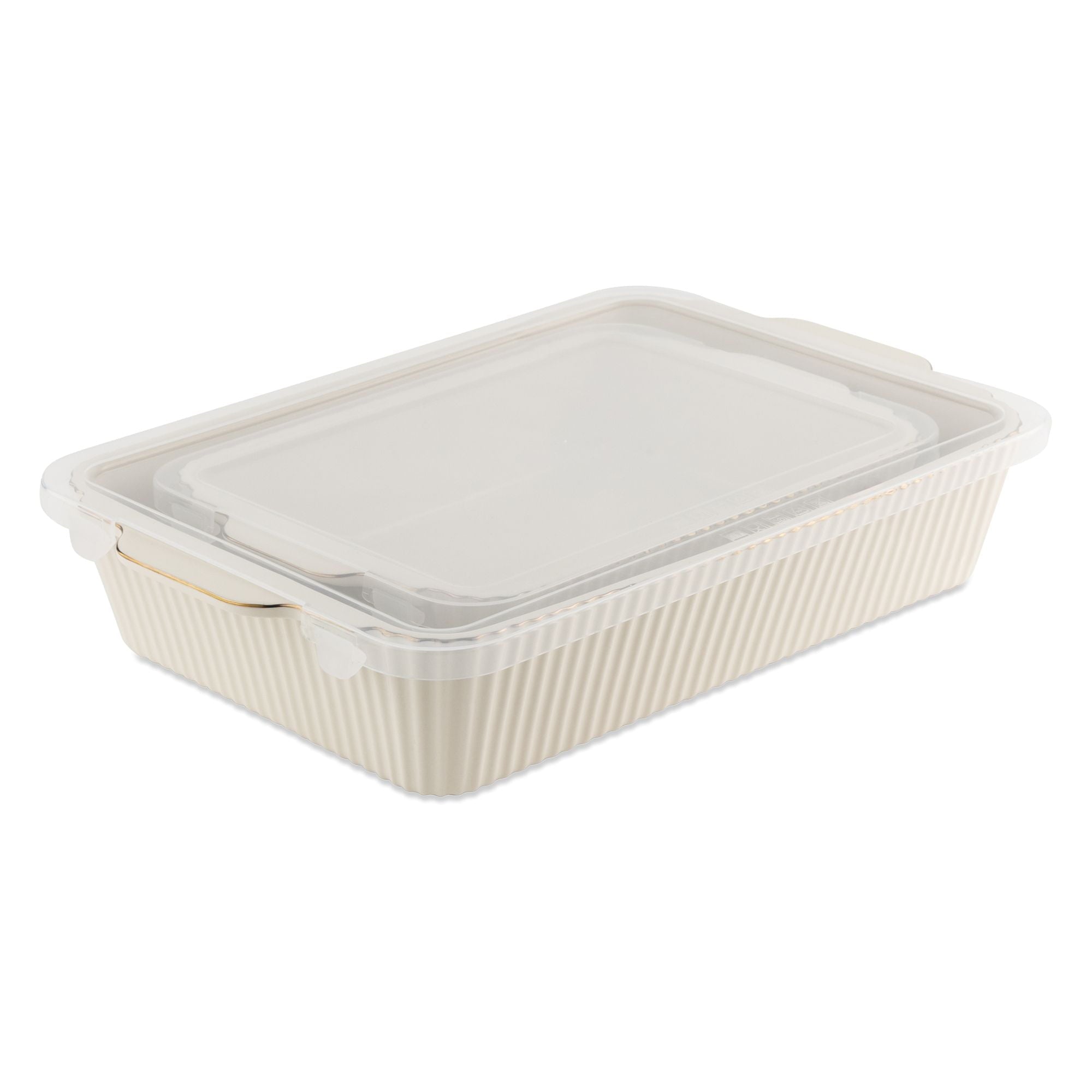4-Piece Stoneware Casserole Dish Bakeware Set, Includes Lids, 9"x13" , 7"x10" Bakers With Lids , White Ribbed