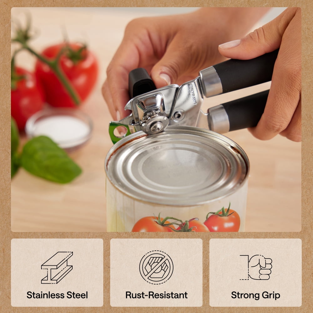 Stainless Steel Manual Can Opener, Soft Touch Handle, Built-In Bottle Opener, Black