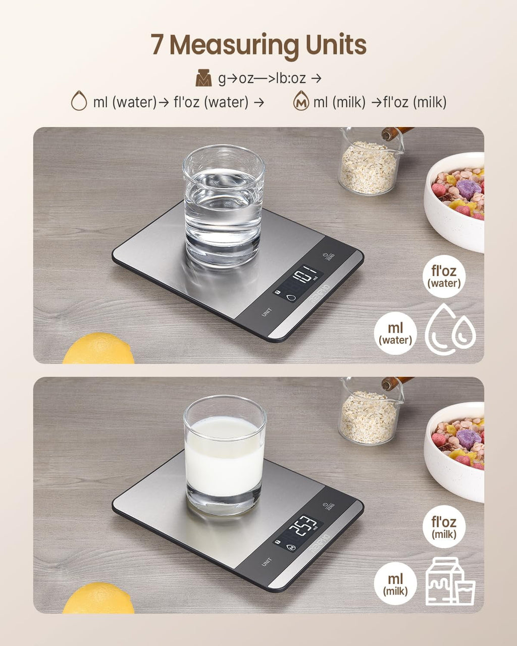 Digital Kitchen Food Scale, 7 Units with Tare Function, Stainless Steel, 11lb