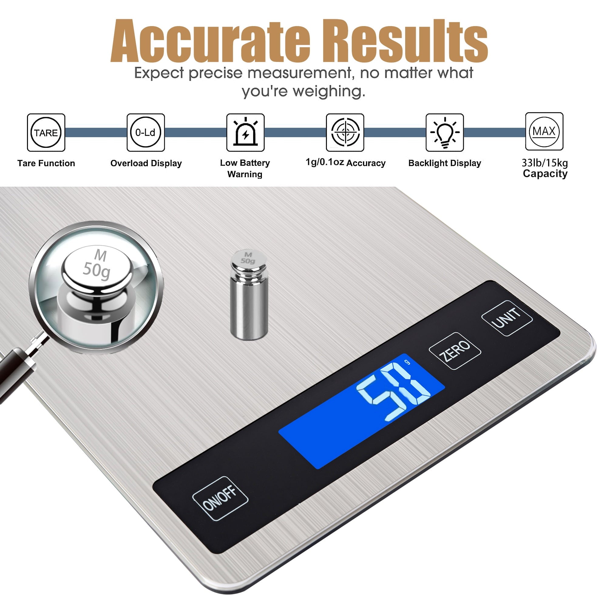 Digital Food Kitchen Scale, Gram Scale 1g/0.1oz Accuracy, 15kg/33lb Stainless Steel with 5 Units, Tare Function& LCD ...