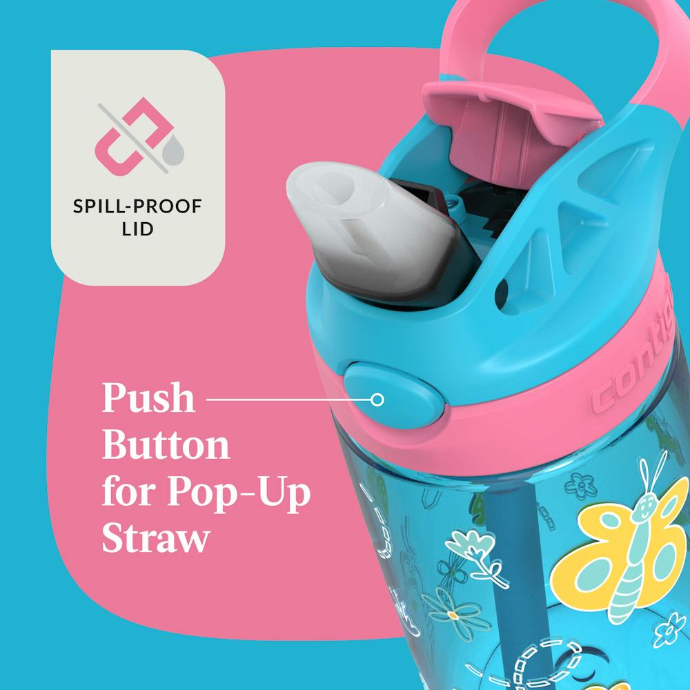 Contigo® Kids Water Bottle with Redesigned AUTOSPOUT® Straw, 14 oz - Blue Raspberry with Butterflies and Honeybees