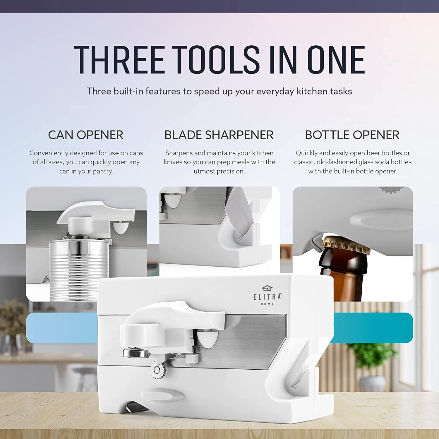 3 in 1 Under the Cabinet Electric Can Opener, Blade Sharpener, Bottle Opener, Under The Counter Mount, For Lar...