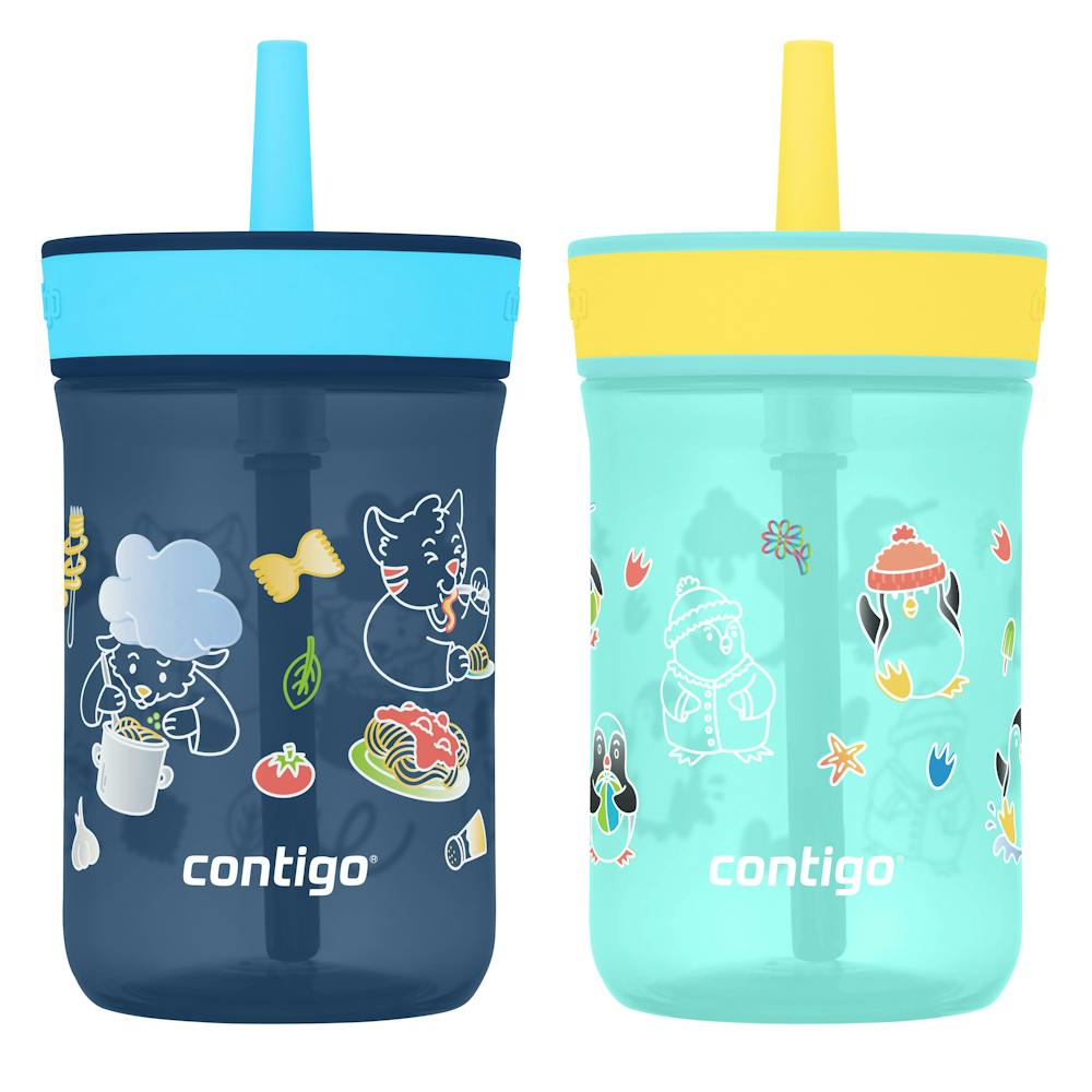 Kids’ Leighton Straw Tumbler with Spill-Proof Lid, 14oz - Silly Spaghetti & Penguin Plunge