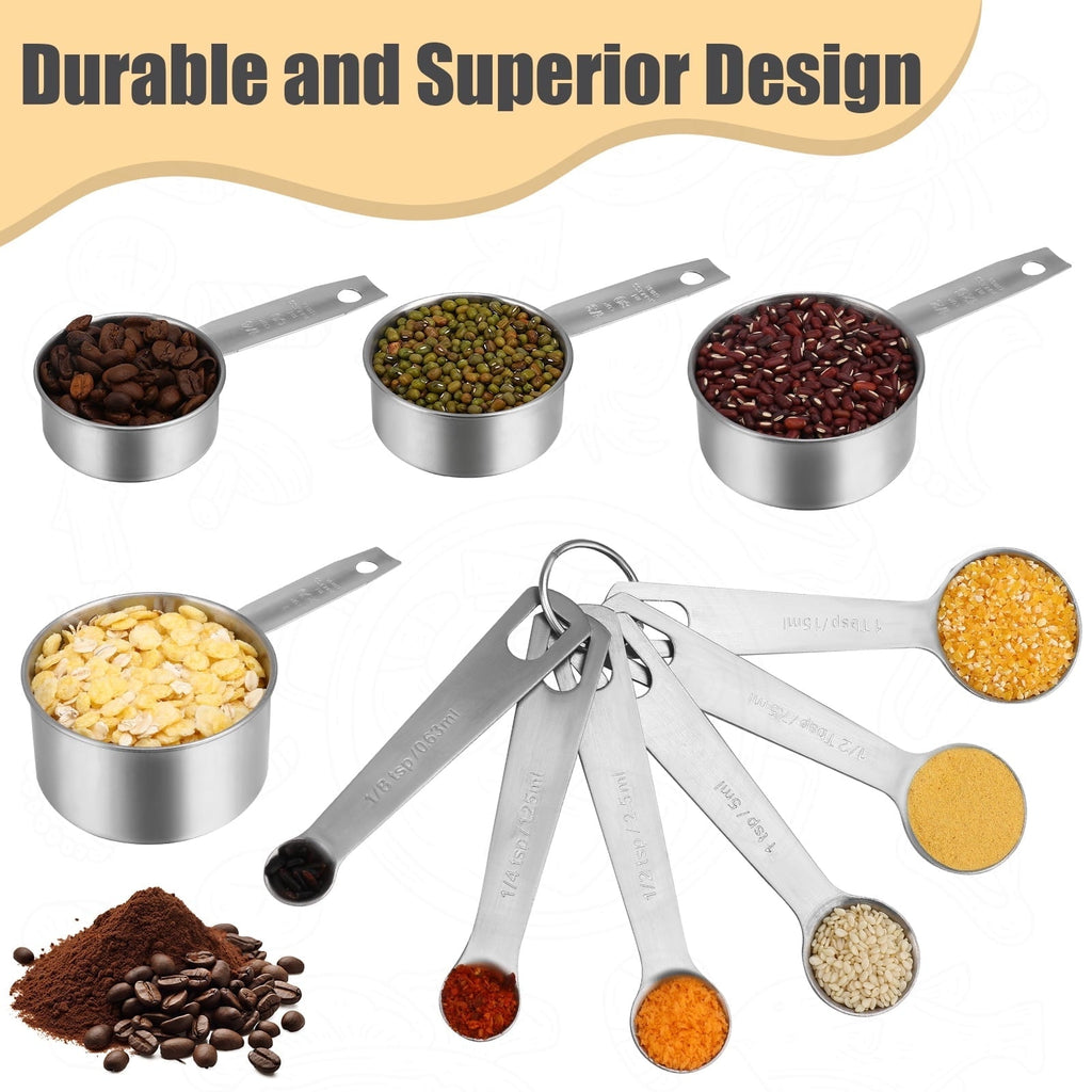 Square 14-Piece Measuring Cups and Spoons Set, Nesting Stainless Steel Measuring Cups Spoons with Plastic Measuring C...
