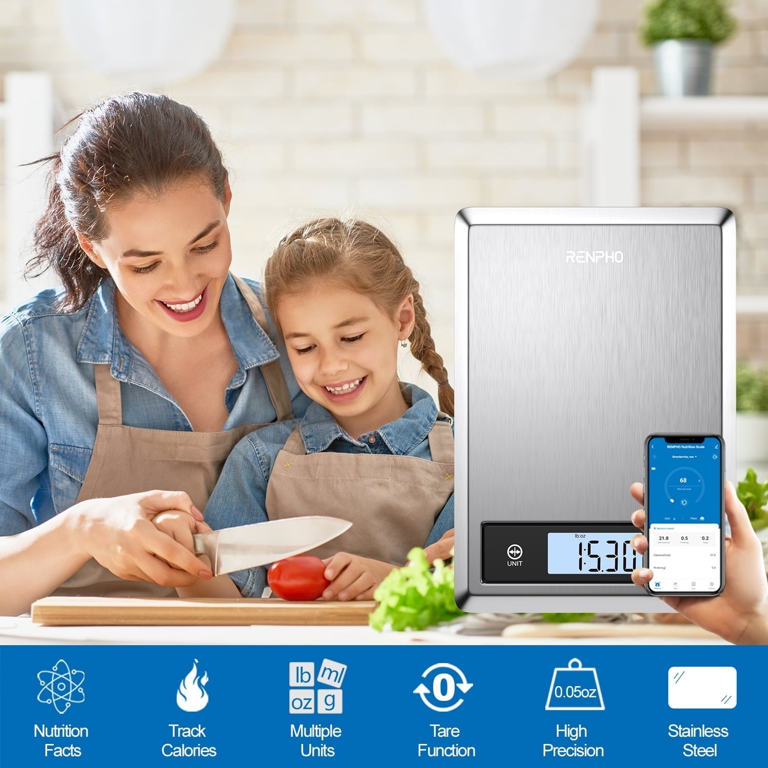 Digital Food Scale with App, Bluetooth Smart Kitchen Scale, Stainless Steel