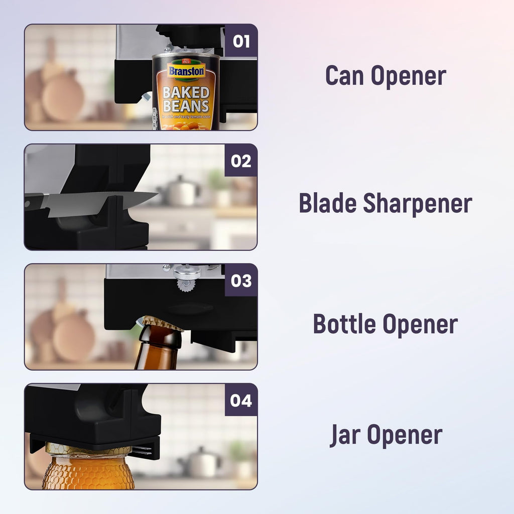 Electric Can Opener - 4 in 1 Under the Cabinet Mounted Can Opener, Blade Sharpener, Bottle Opener, Jar Opener, Mounti...
