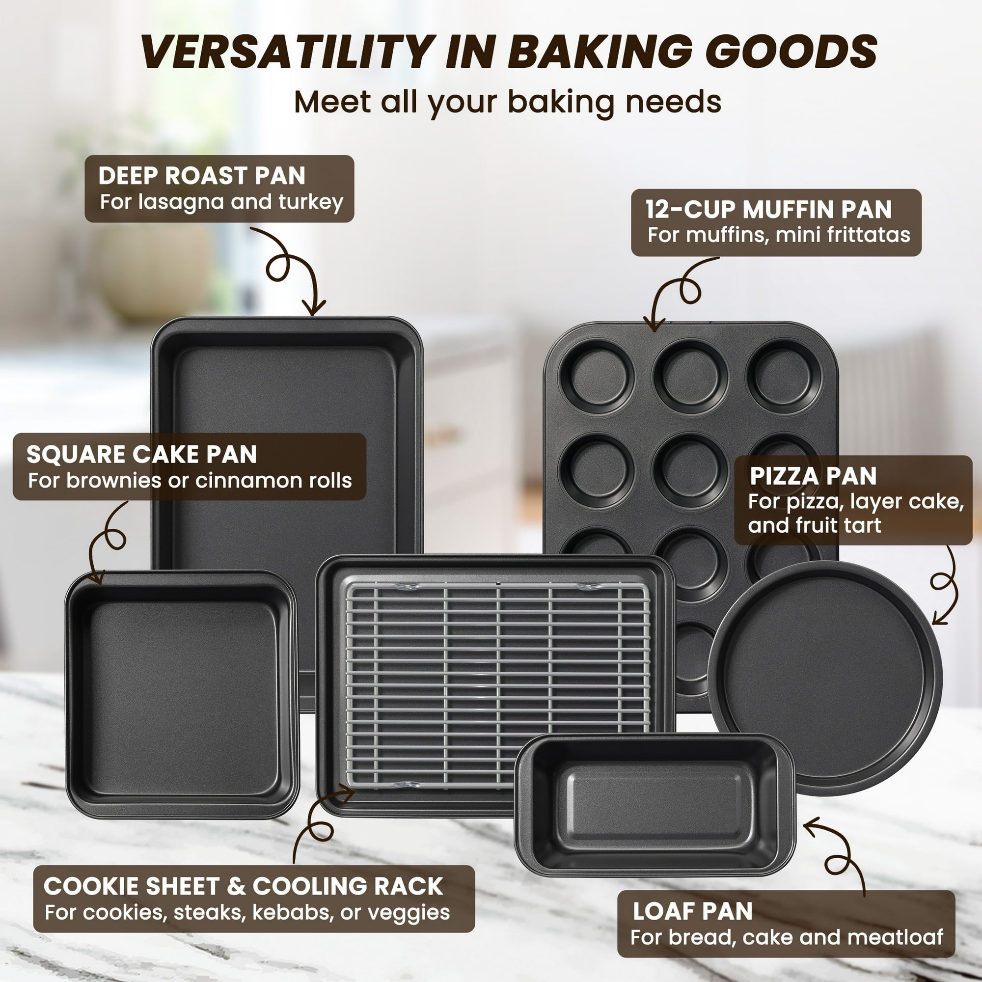 Bakeware Set, 22 Pcs Carbon Steel Non-Stick Baking Pan Set, Baking Sheet for Kitchen, Muffin Pan & Cookie She...