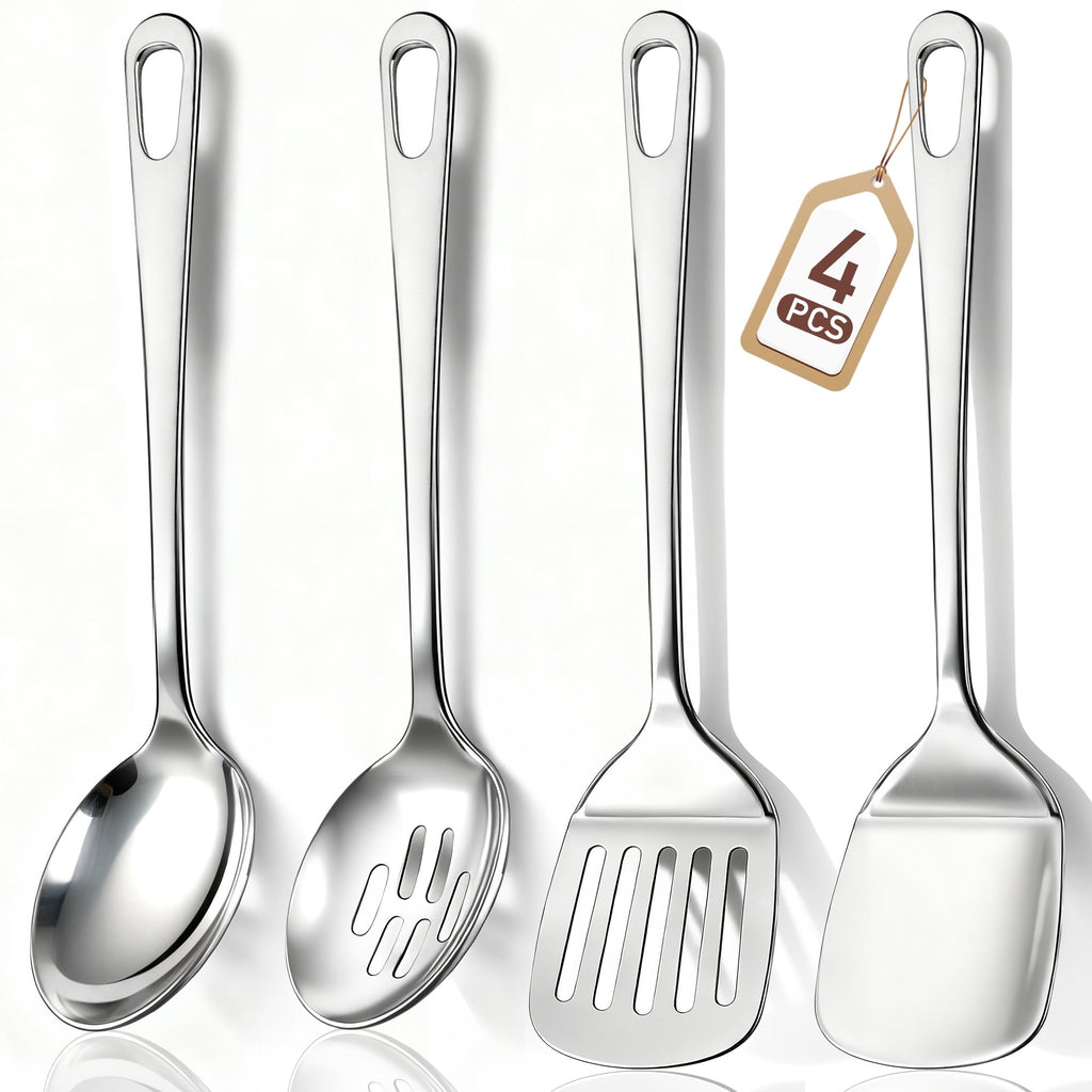 4 Pcs Cooking Utensils Set, Stainless Steel Kitchen Utensils, Kitchen Tools Set Include Solid & Slotted Turne...