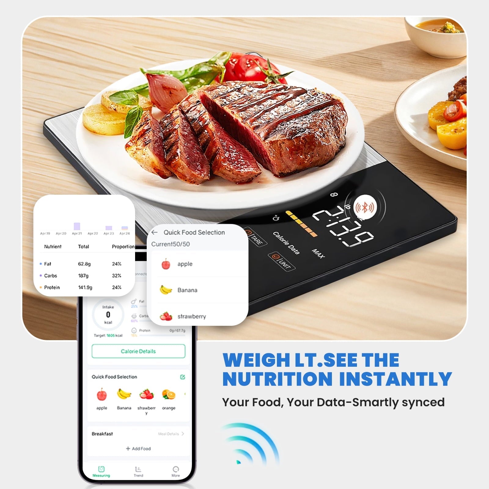 Food Scale with LED Touch Display, Tracks Calories, Fat, Carbs & Protein via App, 0.01oz Precision Di...