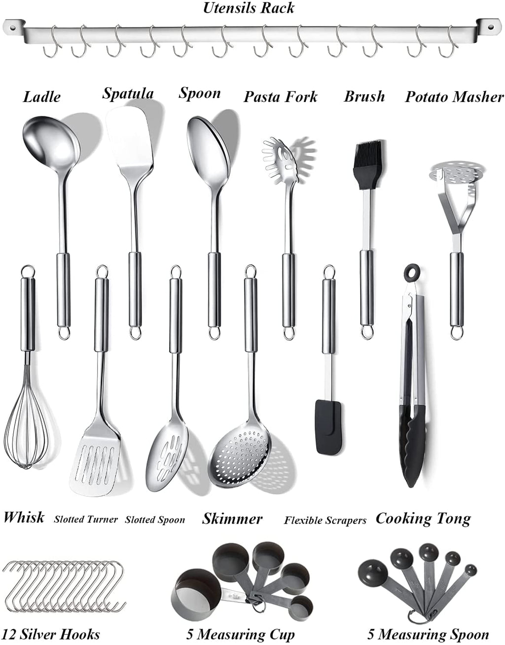 Kitchen Utensils Set 37 Pieces, Stainless Steel Cooking Utensils Set, Kitchen Gadgets Cookwarewith Hooks For H...