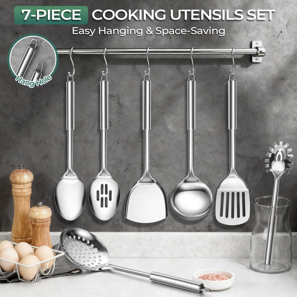 Kitchen Utensils Set, 7 PCS Stainless Steel Cooking Tools, Metal Kitchen Tools Set, Heat Resistant & Dishwa...