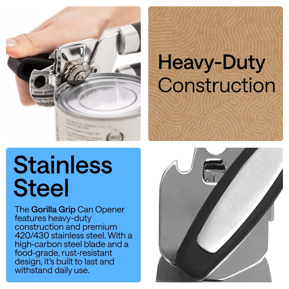 Stainless Steel Manual Can Opener, Soft Touch Handle, Built-In Bottle Opener, Black