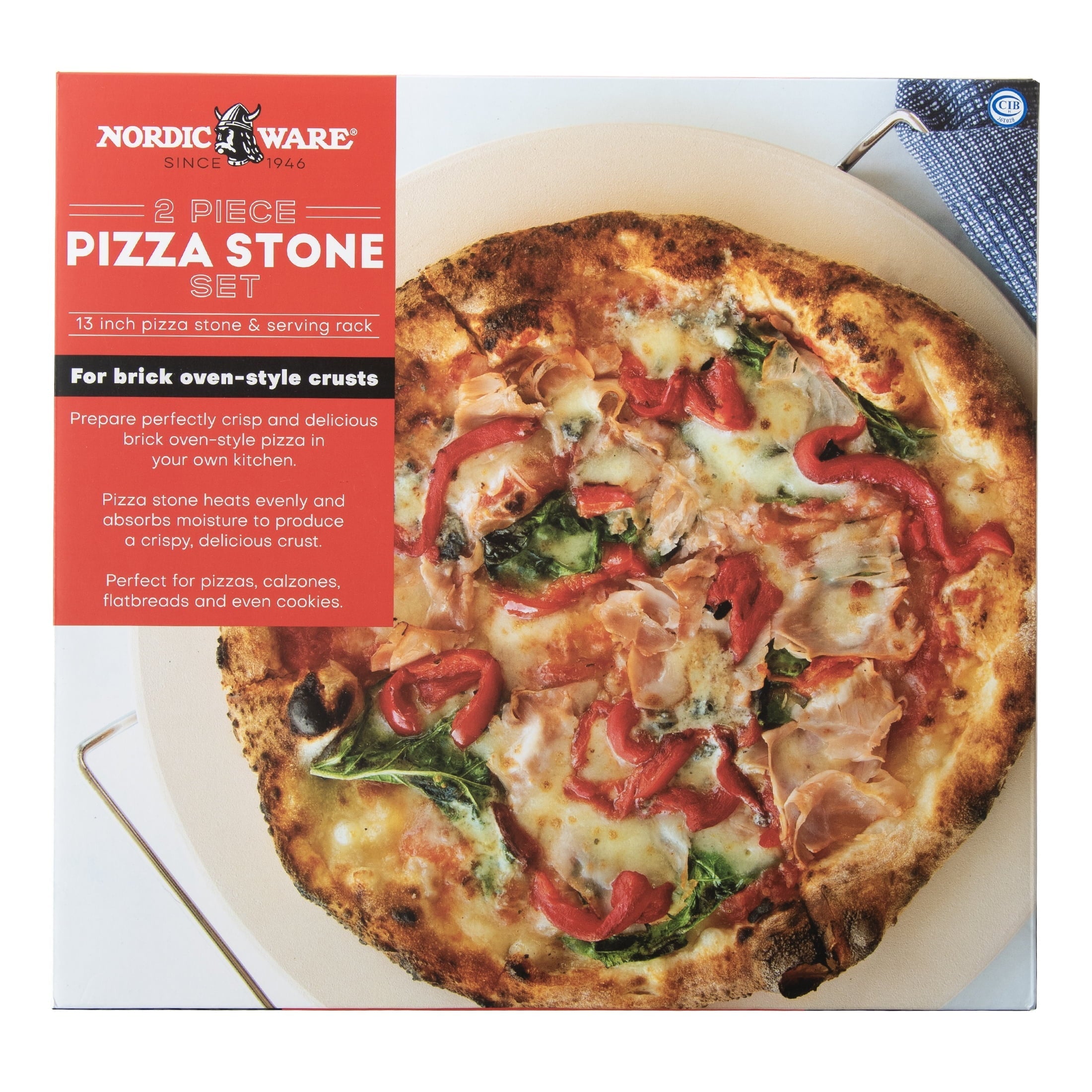 2-Piece Pizza Bakeware Set with 13" Ceramic Pizza Stone and Steel Wire Holder
