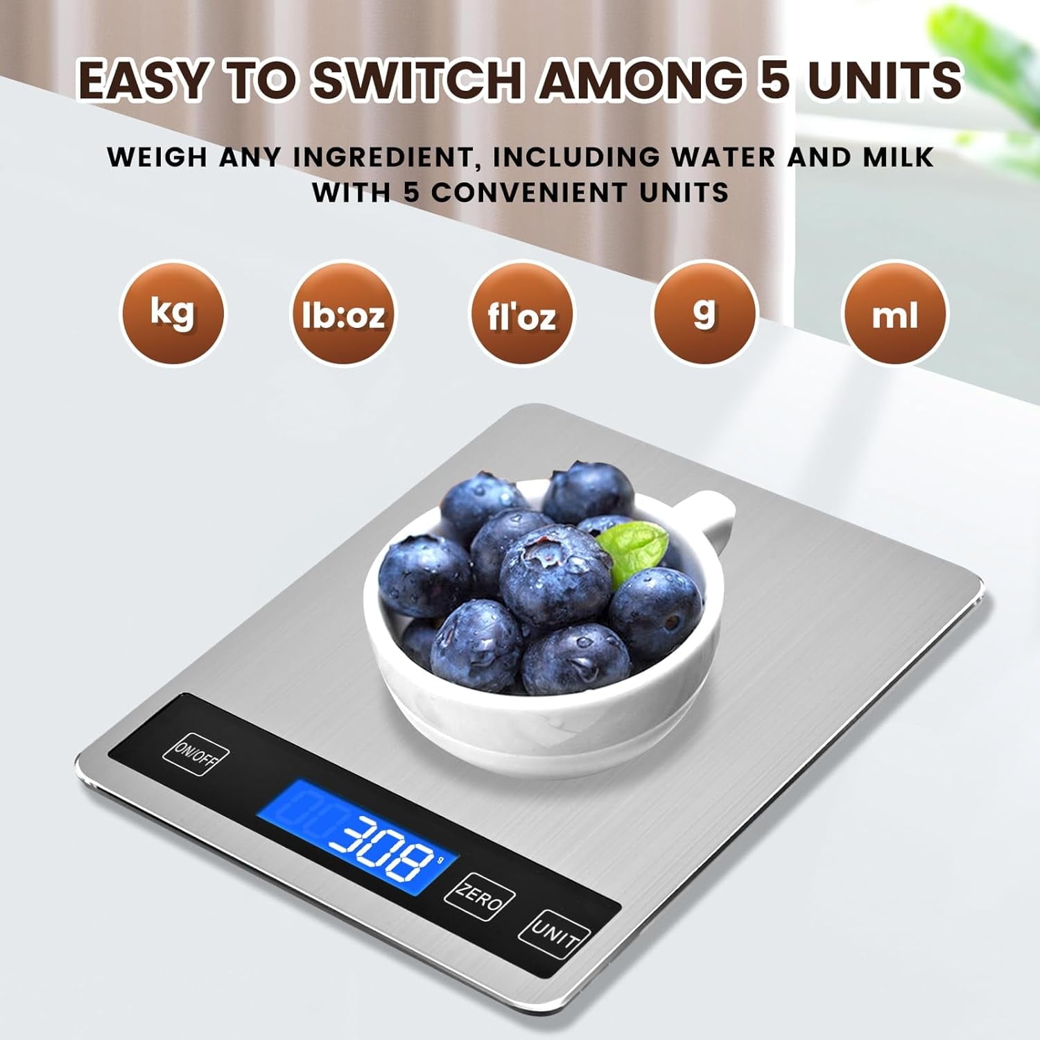 33lb Digital Kitchen Scale, 1g/0.05oz Accuracy, USB Rechargeable or Battery Powered, Waterproof Stainless Steel with ...