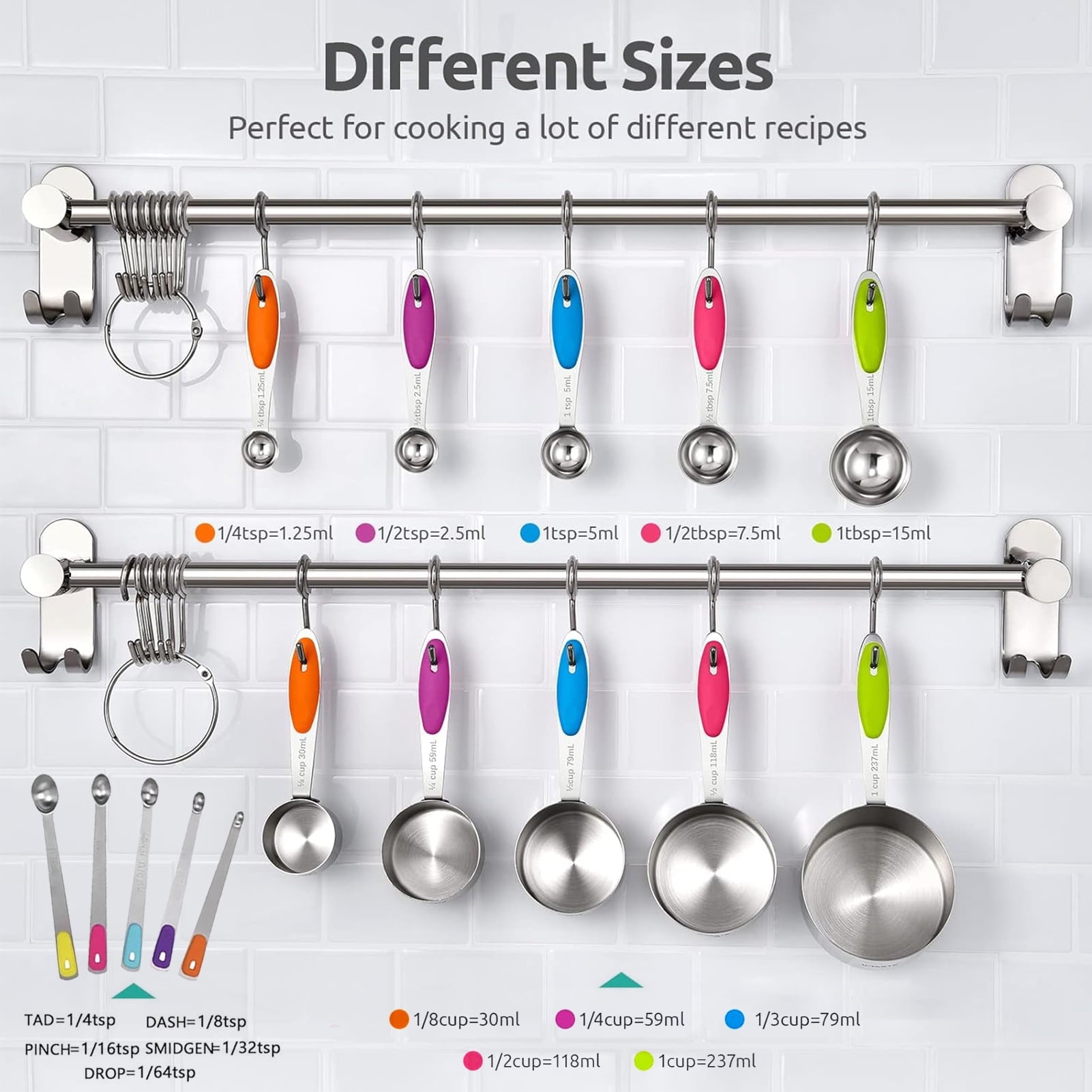 Stainless Steel Measuring Cups and Spoons Set of 15, 5 Stainless Steel Nesting Measuring Cups & 5 Spoons, 5 Mini Meas...