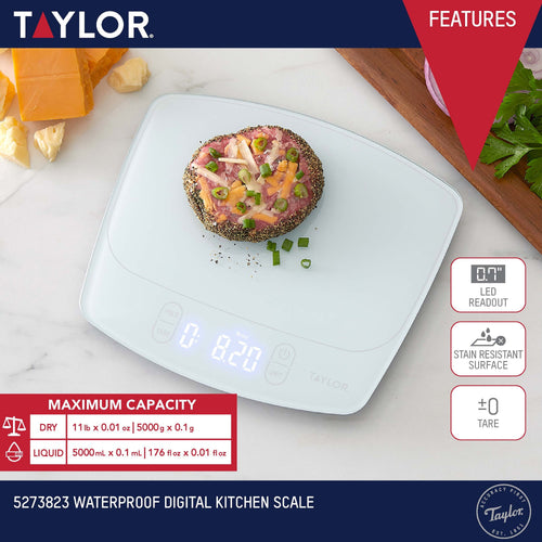 11lb Waterproof Digital Kitchen Scale and Food Scale for Baking, Cooking, Meal Prep and Portion Sizing White