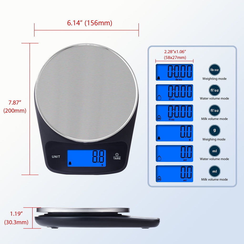 Digital Kitchen Scale with Blue Backlit, Black