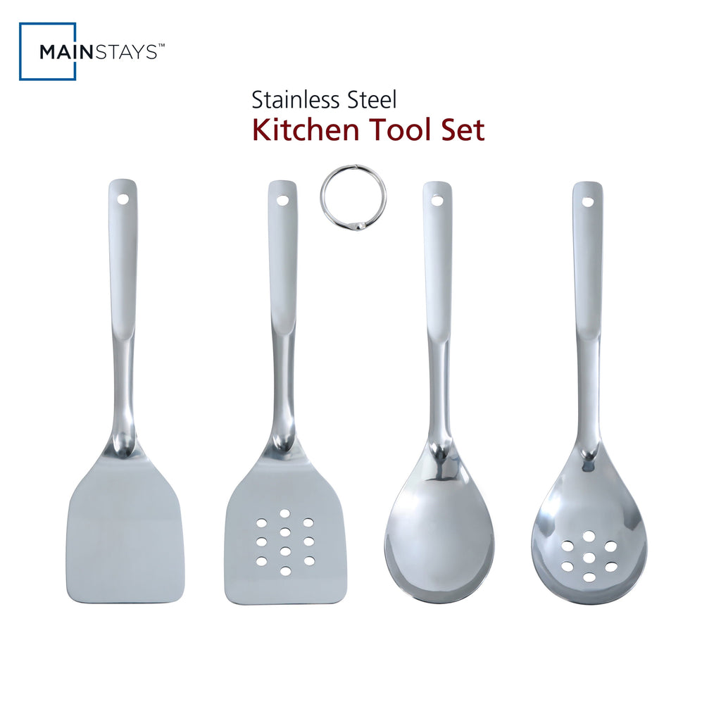 Stainless Steel 4-Piece Utensil Set: Includes Spatula, Slotted Spatula, Spoon, and Slotted Spoon