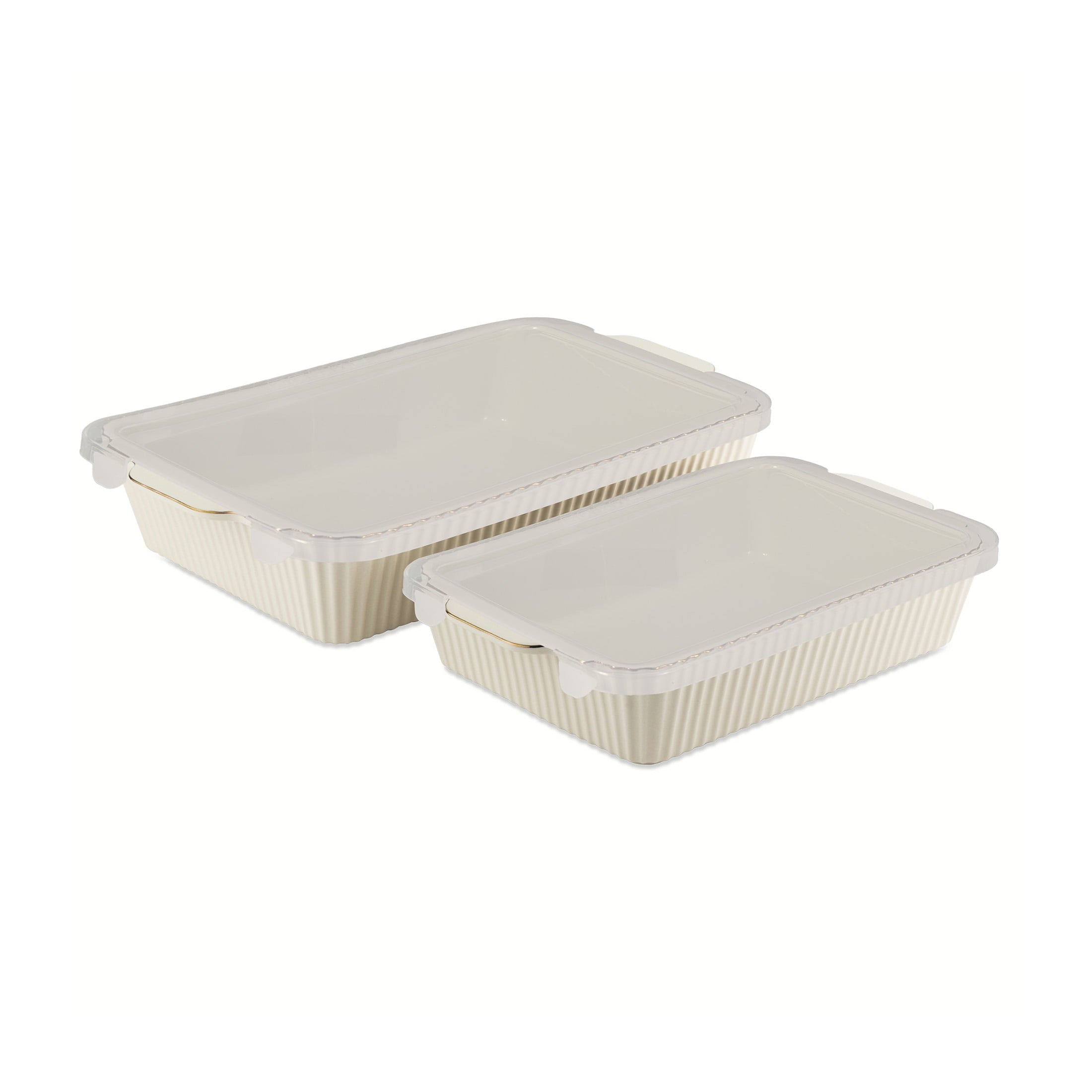 4-Piece Stoneware Casserole Dish Bakeware Set, Includes Lids, 9"x13" , 7"x10" Bakers With Lids , White Ribbed