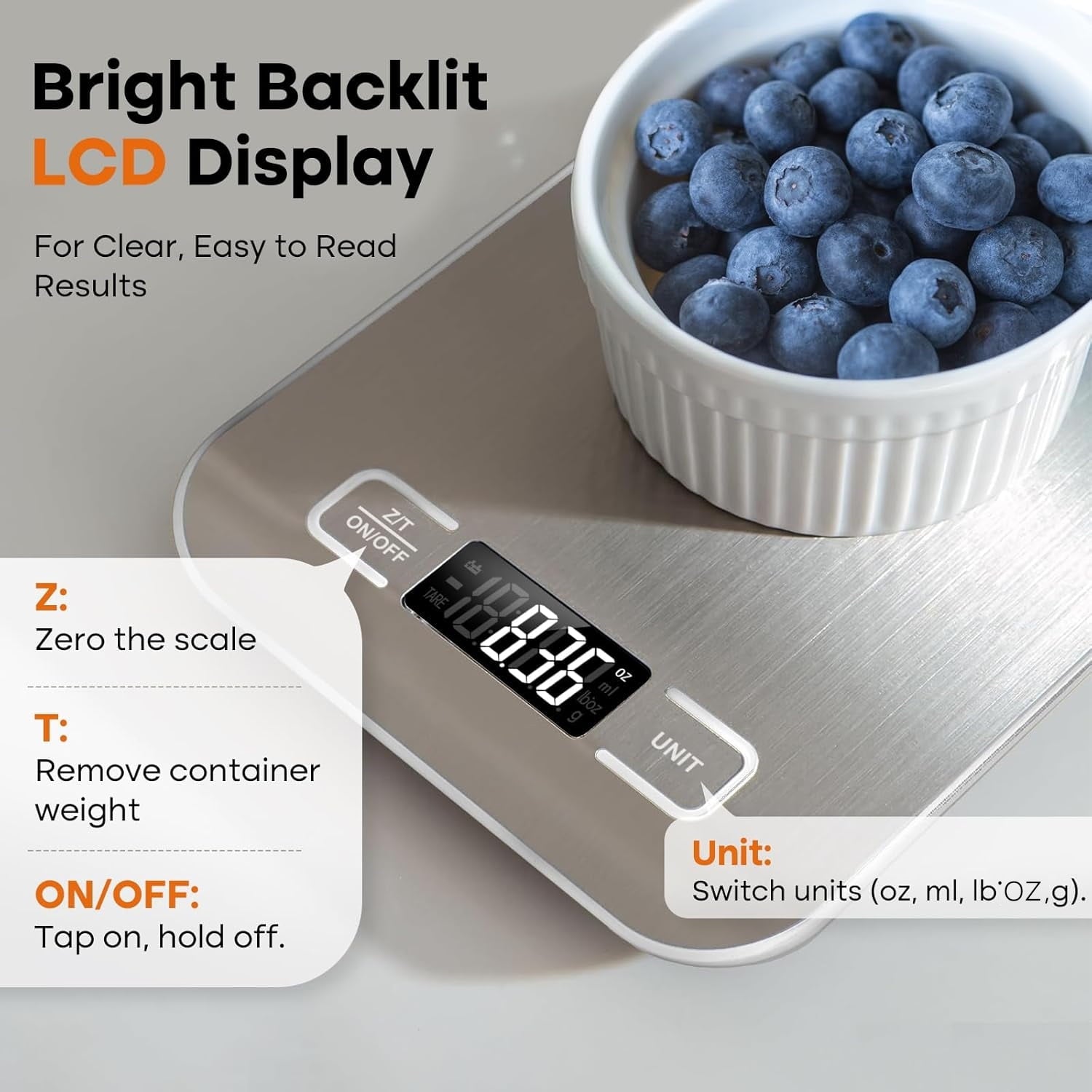 Food Scale, 22lb Kitchen Scale with 4 Units Tare Function & LCD Display, 0.1oz/1g Stainless Steel Digital Food Scale ...