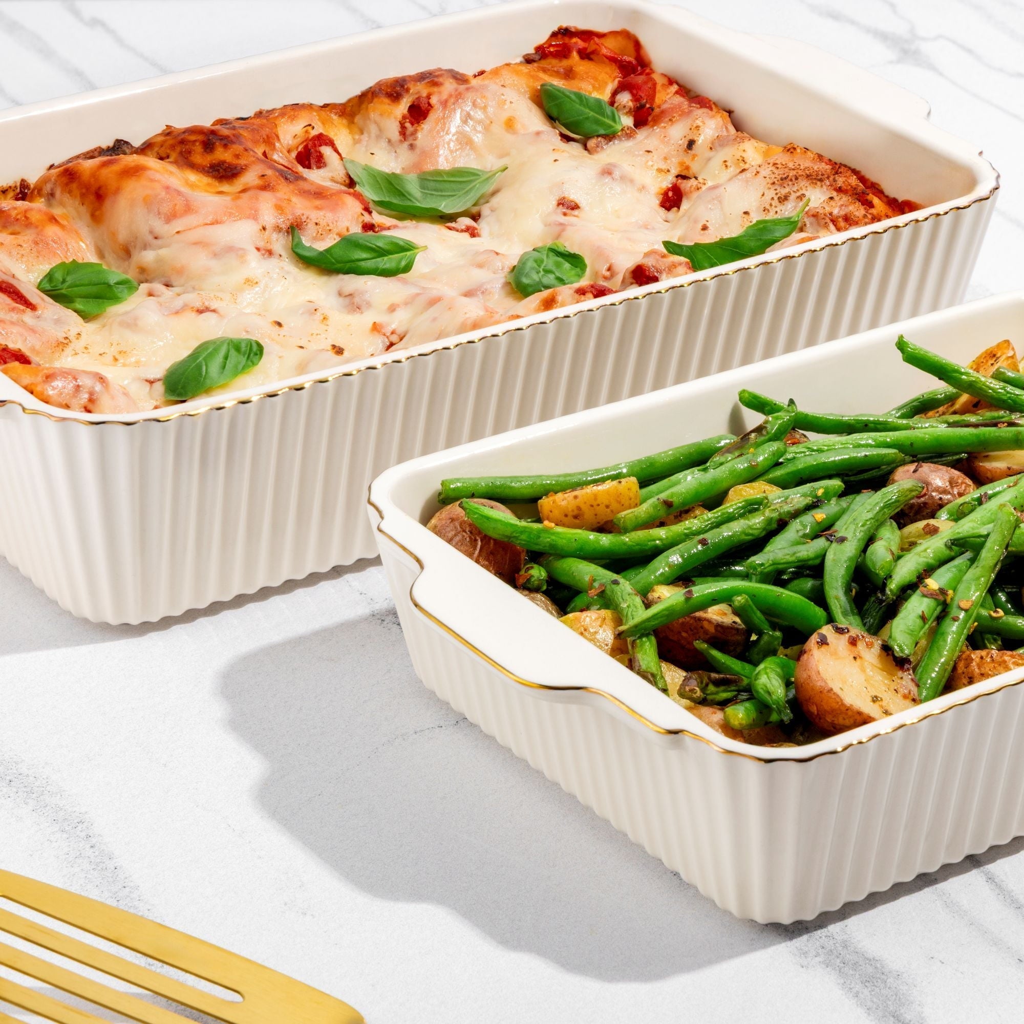 4-Piece Stoneware Casserole Dish Bakeware Set, Includes Lids, 9"x13" , 7"x10" Bakers With Lids , White Ribbed
