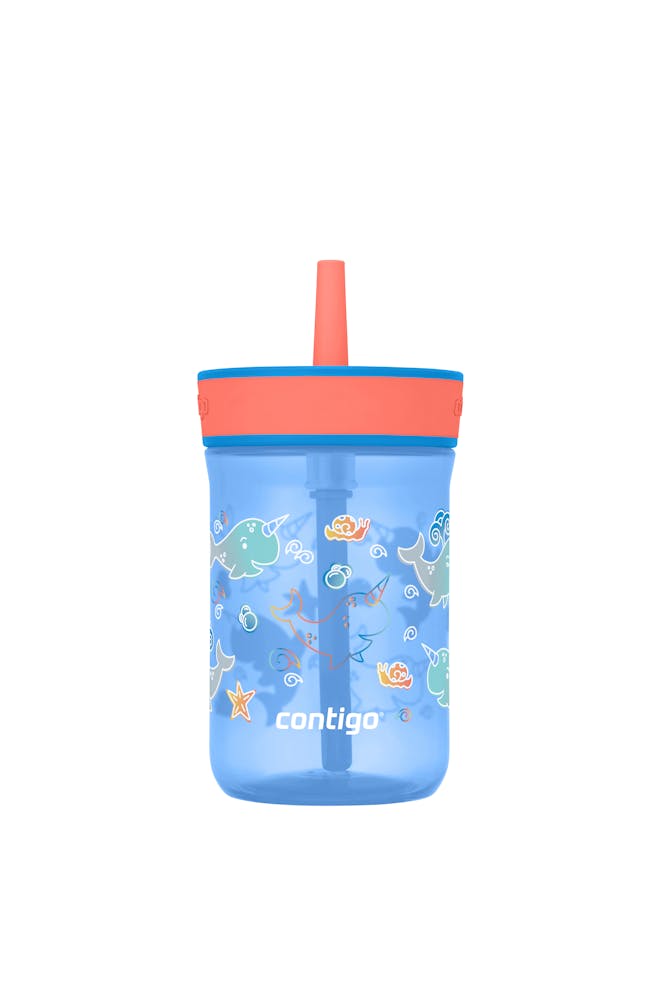 Kids’ Leighton Straw Tumbler with Spill-Proof Leak-Proof Lid, 14oz - Blue Poppy Coral & Narwhals
