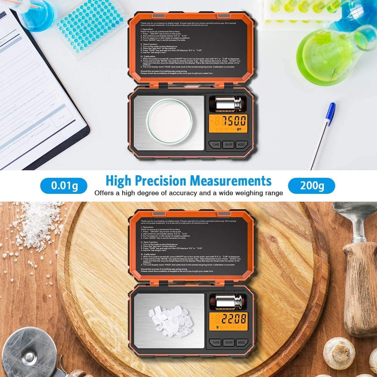 Digital Scale, 200g/0.01g Mini Scale Electronic Smart Scale 50g Calibration Weight LCD Backlit Display Tare Fu...
