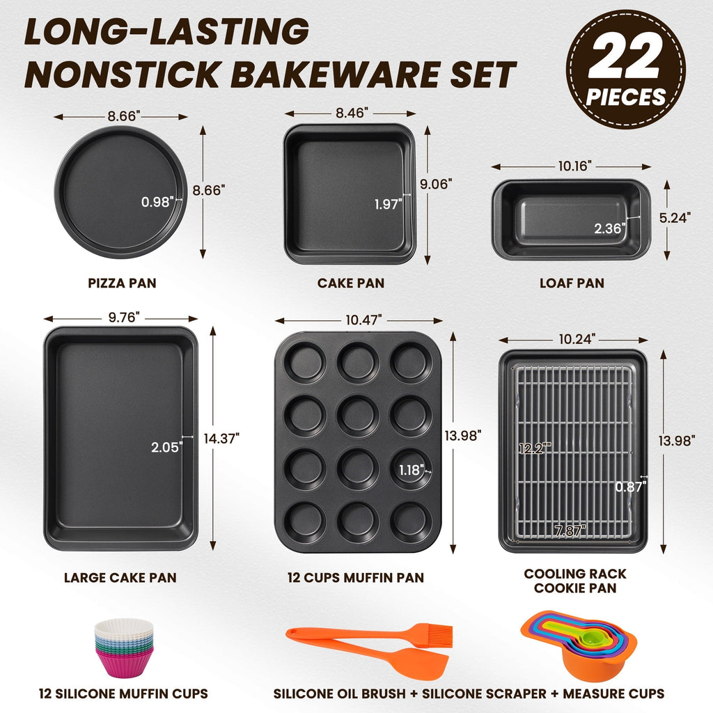 Bakeware Set, 22 Pcs Carbon Steel Non-Stick Baking Pan Set, Baking Sheet for Kitchen, Muffin Pan & Cookie She...