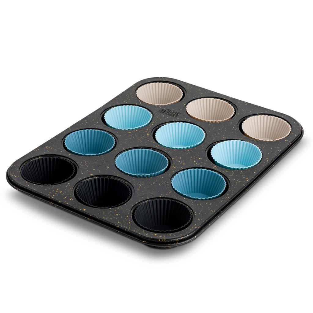 12 Cup Nonstick Muffin Pan with Silicone Baking Cups - Black