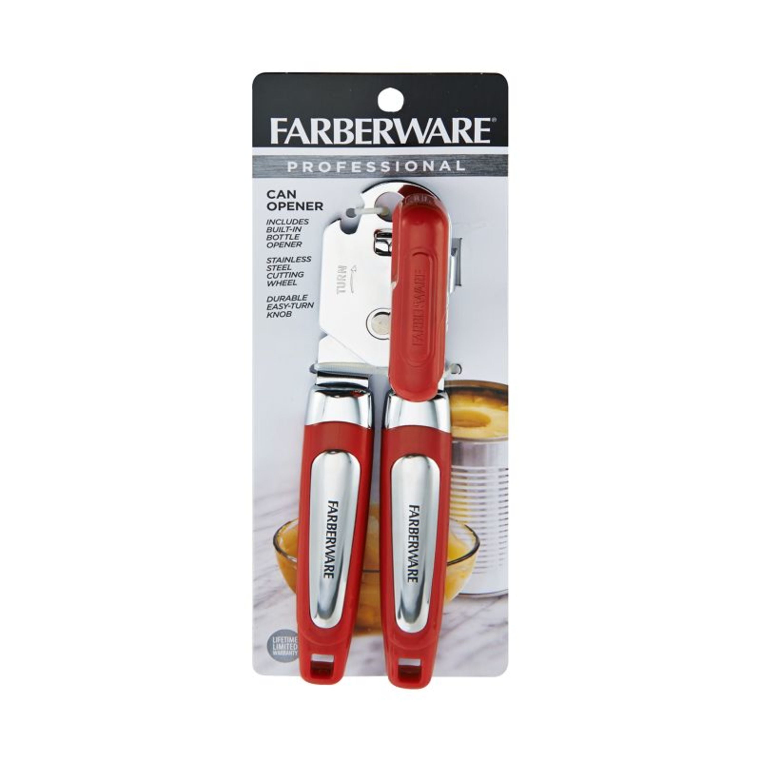 Professional Can Opener with Built-in Bottle Opener in Red