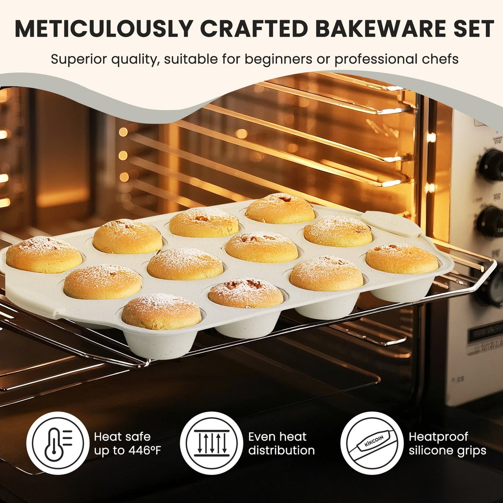 Bakeware Set, 21-Piece Baking Pans Set Kitchen Carbon Steel Baking Sheet Pans with Silicone Handles, Cookie S...