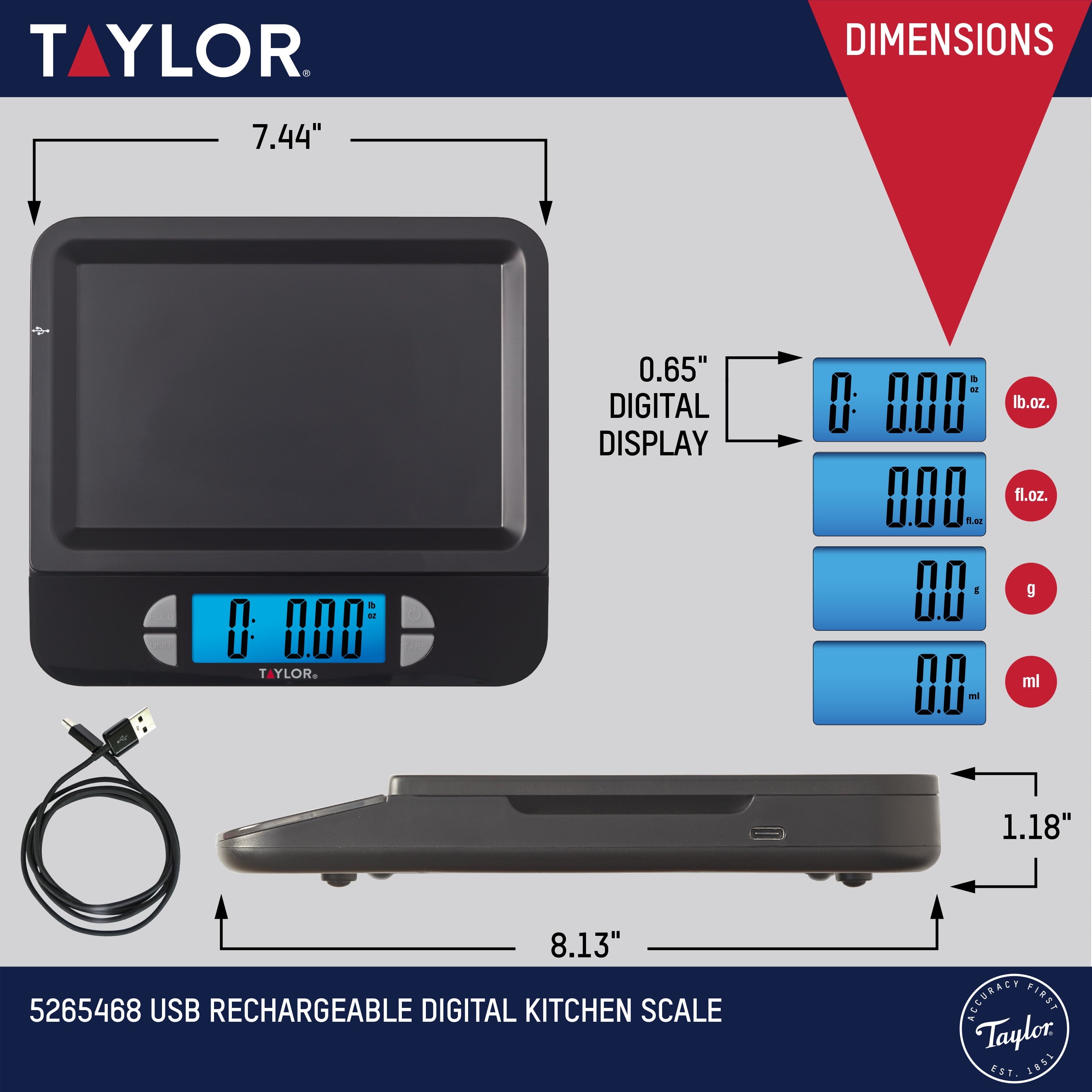 Rechargeable Precision Digital Kitchen Scale and Food Scale, 11 lb. Capacity Black