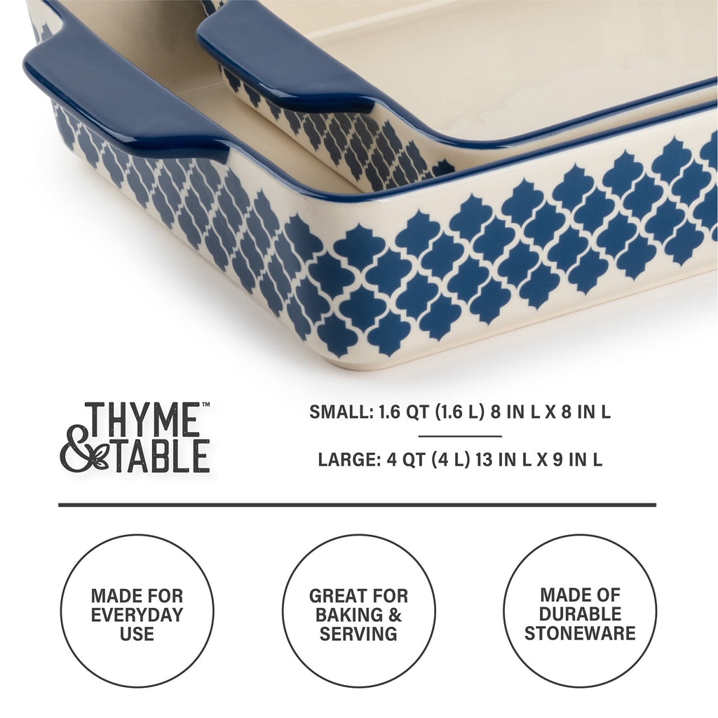 Stoneware Square & Rectangular Baker, Blue Pattern, 2-Piece Set
