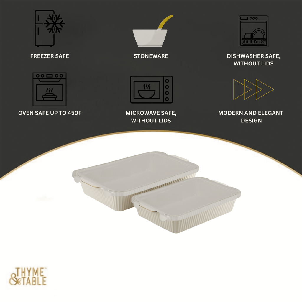 4-Piece Stoneware Casserole Dish Bakeware Set, Includes Lids, 9"x13" , 7"x10" Bakers With Lids , White Ribbed