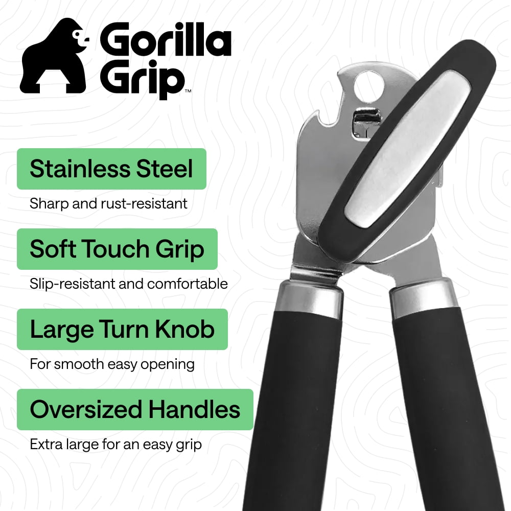 Stainless Steel Manual Can Opener, Soft Touch Handle, Built-In Bottle Opener, Black