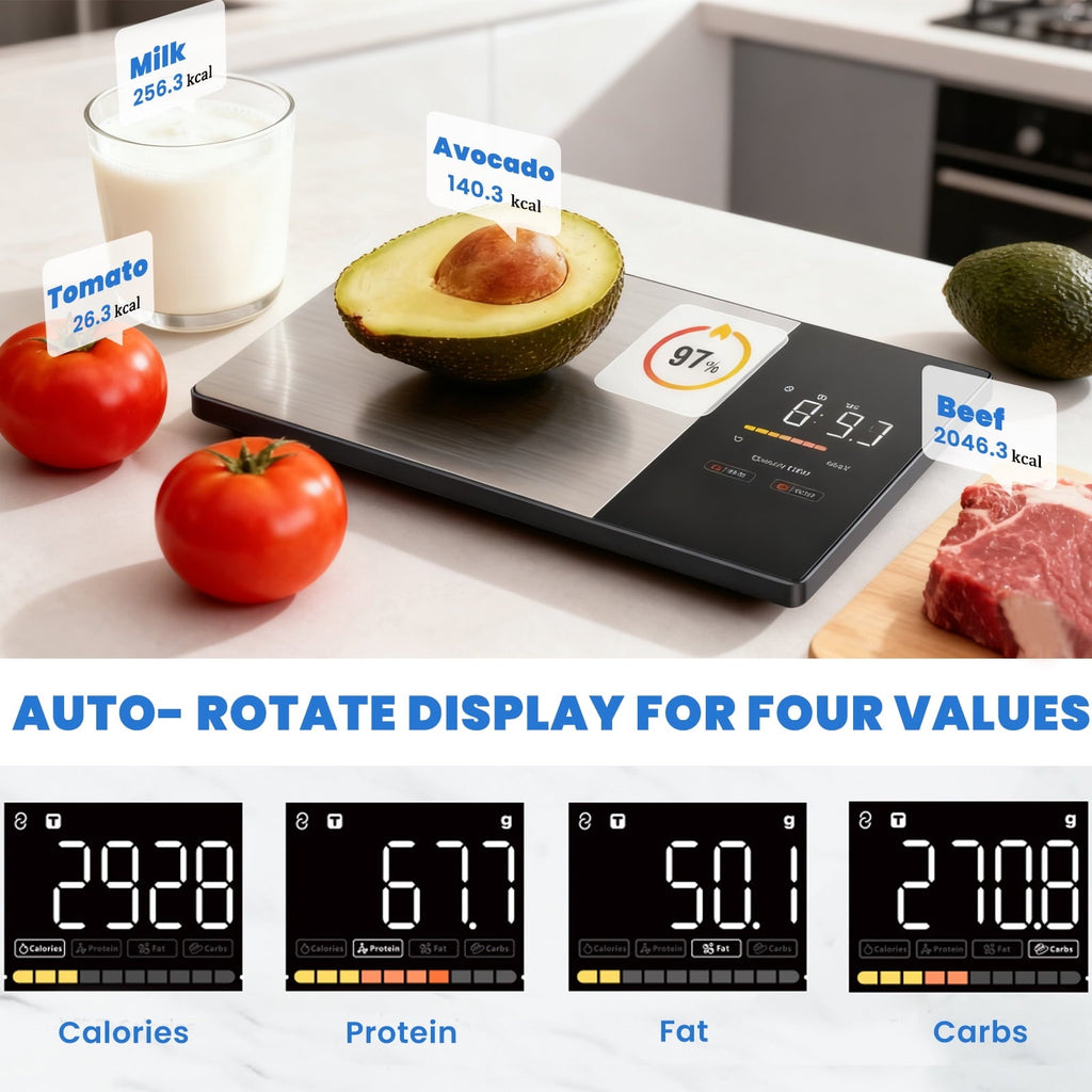 Food Scale with LED Touch Display, Tracks Calories, Fat, Carbs & Protein via App, 0.01oz Precision Di...