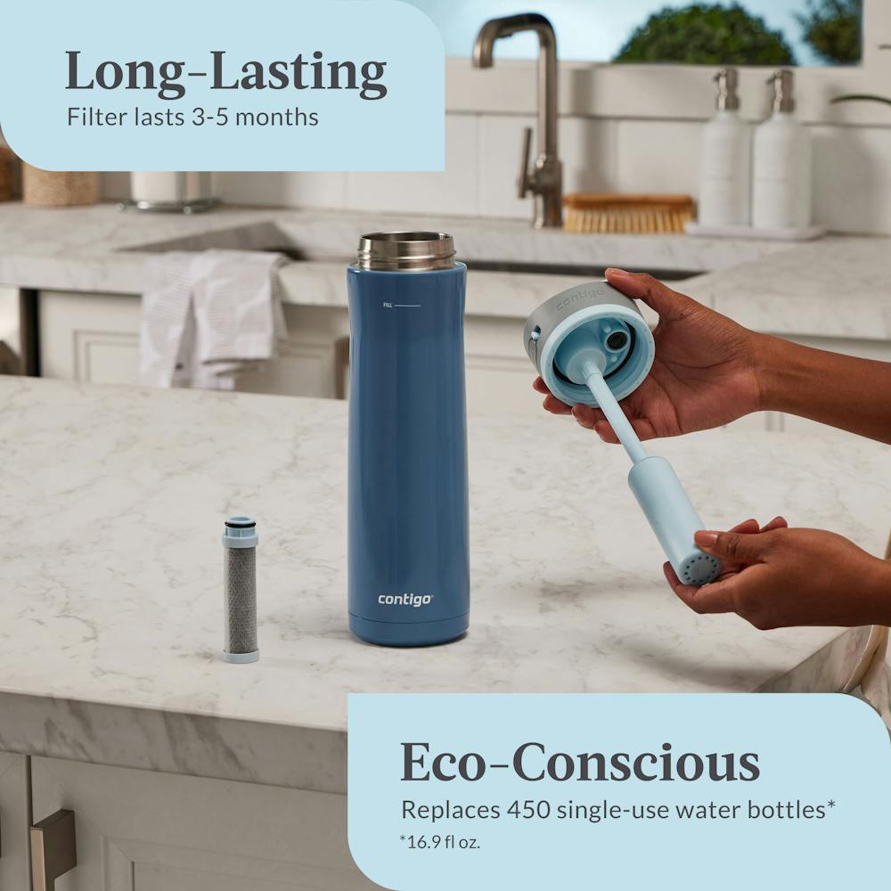 Contigo® Wells Chill Stainless Steel Filter Water Bottle with AUTOSPOUT® Straw Lid and Replacement Filter, 24 Oz. - Dark Ice & Purity